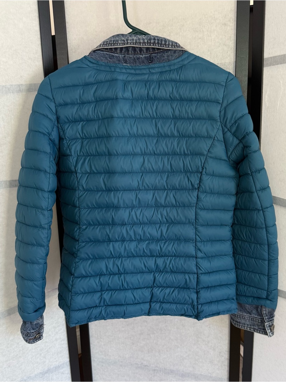 Melya Melody Paris Puffer Jacket Denim Trim Teal Quilted Layered Look Women's M - Picture 2 of 9